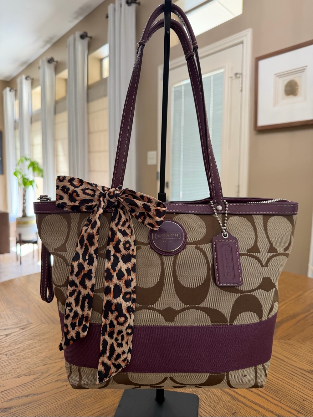 Coach Signature Canvas Tote with Plum Trim and Leopard Scarf